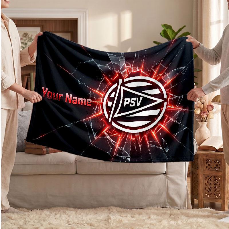 PSV Eindhoven FC Personalized Fleece Blanket With Football Logo, Custom Name Text Soft Warm Home Throw Blanket