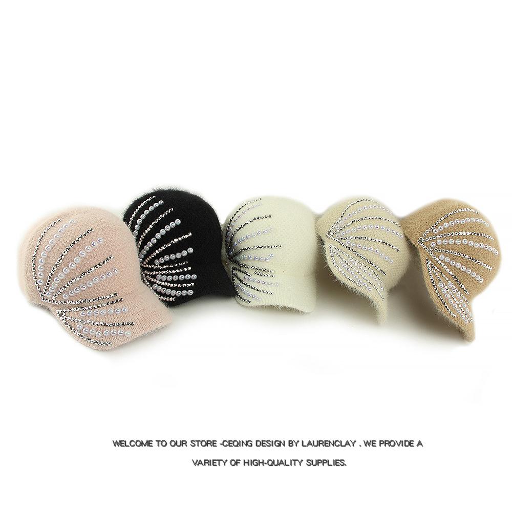 Женская вязаная шапка ручной работы на осень-зиму, теплая бейсболка с жемчугом, из искусственного кроличьего меха, с ромбовидным узором