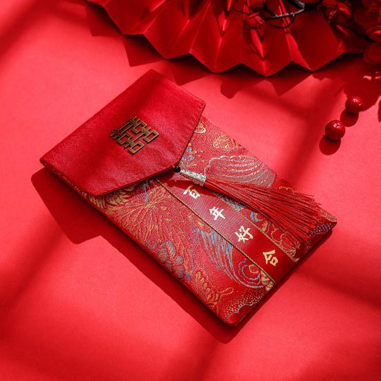 Chinese New Year Red Cash Envelope Faux Silk Red Pocket Embroidery Dragon Pattern Tassel Money Holder Cash Coin Gift Lucky Money Envelope Happy