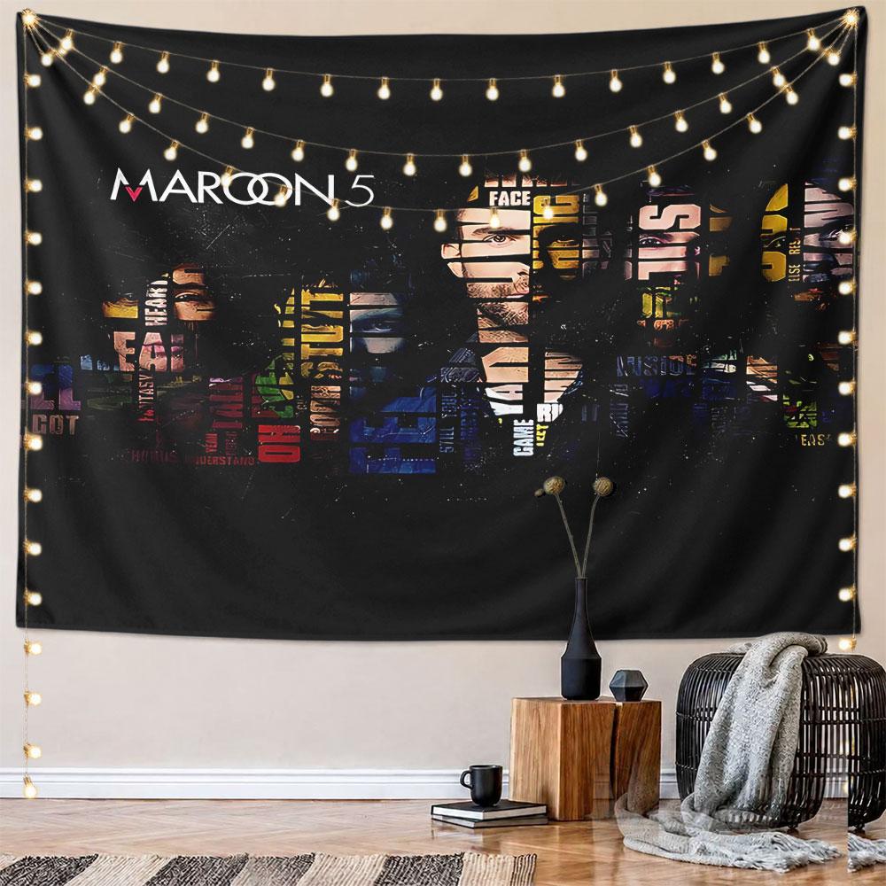 Text-filled silhouettes of faces on a dark background with "Maroon 5" text. Patterned tapestry for bedroom and living room home decor