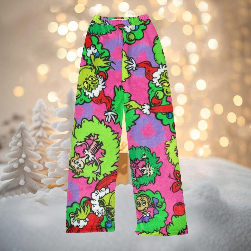 Женские осенне-зимние брюки, длинные брюки, фланелевые брюки с рождественским принтом
