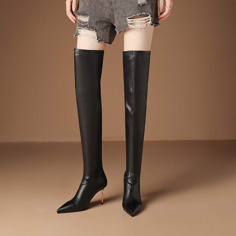 Krazing Pot Microfiber Autumn Winter Shoes stiletto high Heels Brand Shoes Big Size 45 Size 44 Size 46 Women Keep Warm Stretch Over-the-knee Boots