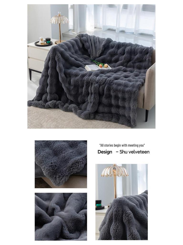 Tuscany Bubble Rabbit Fur Flannel Nap Blanket - Cozy Four-Season Coral Fleece Cover