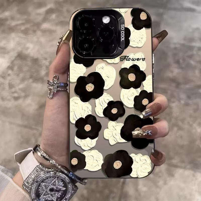 Черно-белый цветочный серебряный чехол-ракушка с крестом для Apple 17/16/14 Pro, 15 Pro Max, 13/12/11X