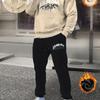 Зимний теплый комплект худи и спортивных штанов, повседневный мужской спортивный костюм, стандартной посадки, с принтом кружева, с карманом