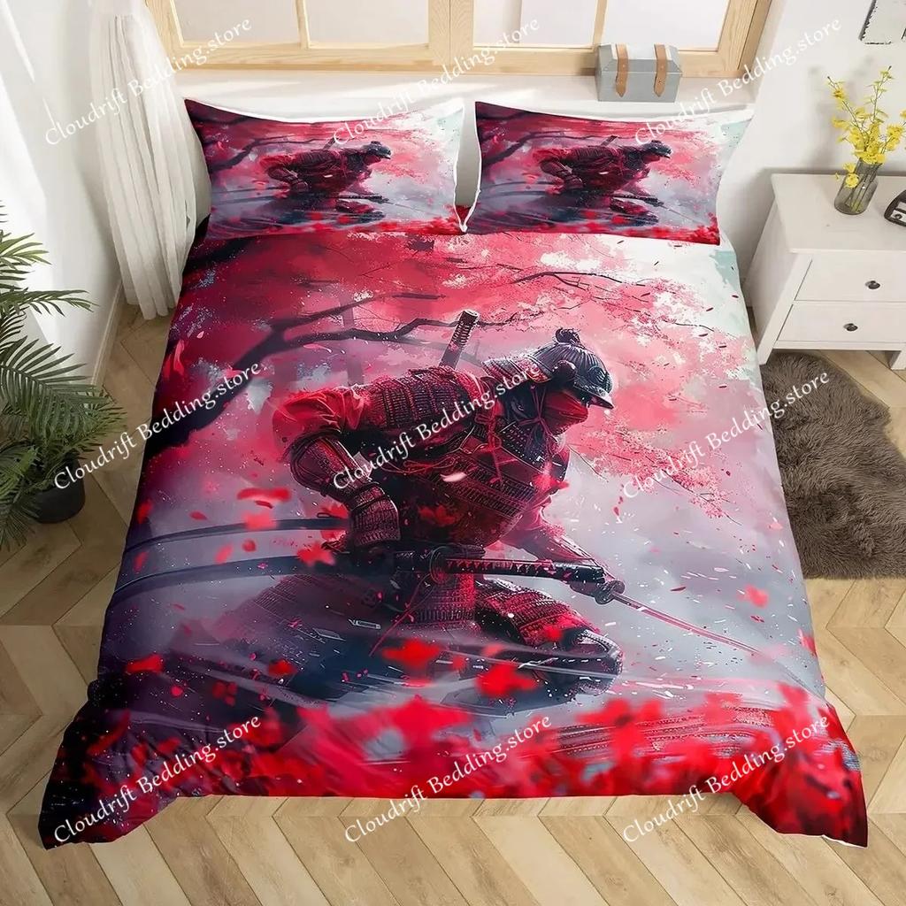 Fashion Japanese Samurai Bedding Set Full Size Cherry Blossoms Duvet Cover Red Sun Hokusai Comforter Fuji Mountain Quilt Cover