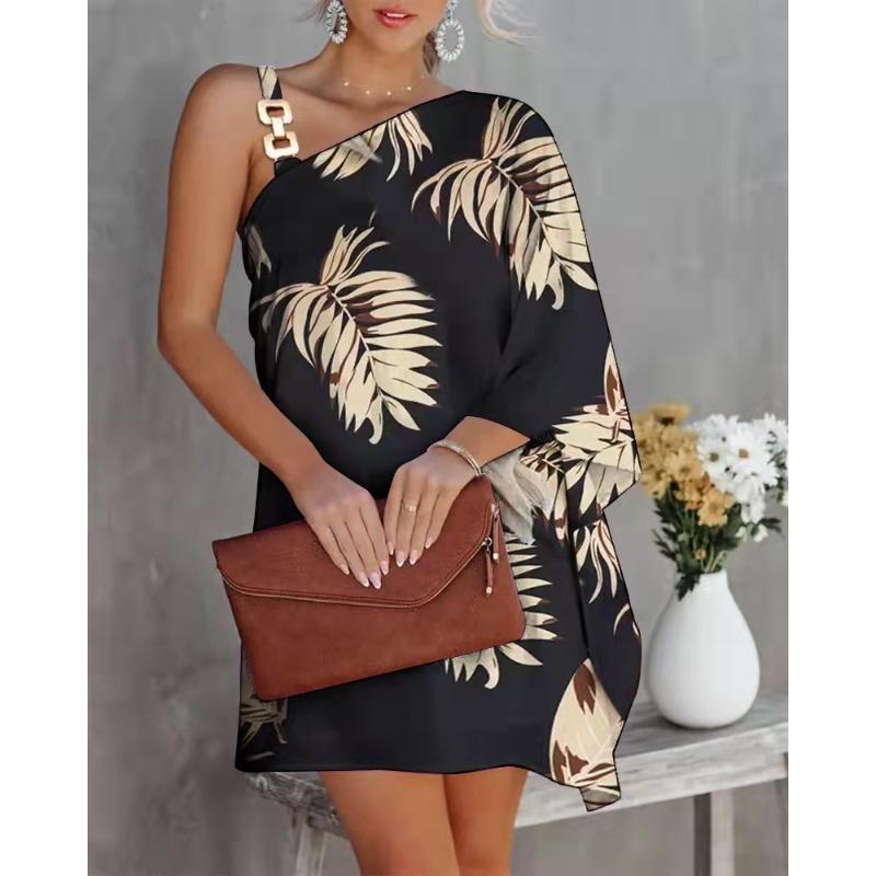 Women's Printed Sexy Slanted Neck Off Shoulder Long Sleeved Dress