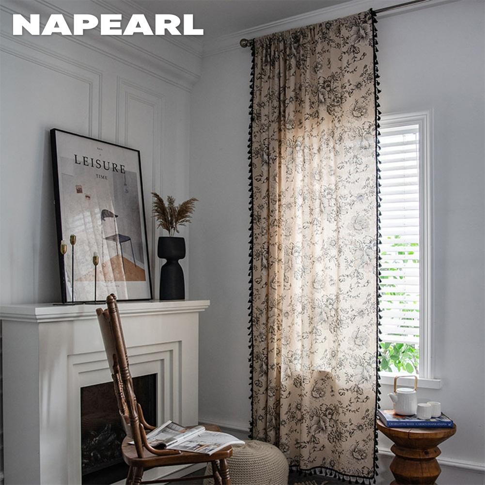 1 шт. NAPEARL, средне-античный стиль, черно-белые хлопковые и льняные занавески с принтом, полузатемняющиеся шторы с кисточками для маленьких окон, балкона, домашний декор