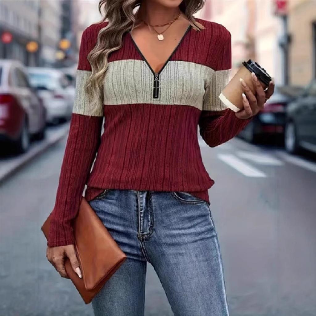 Women's Elegant Casual V-neck Zipper Color Block Long Sleeve T-shirt, Fashion Versatile Top for Autumn Winter Europe USA
