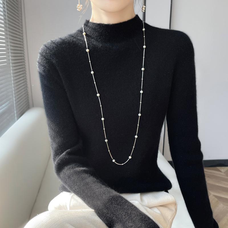 Autumn and Winter Half Turtleneck Bottoming Shirt Women's Sweater with Long Sleeves Andy Velvet Slim Knitted New Tight Top Middle Collar