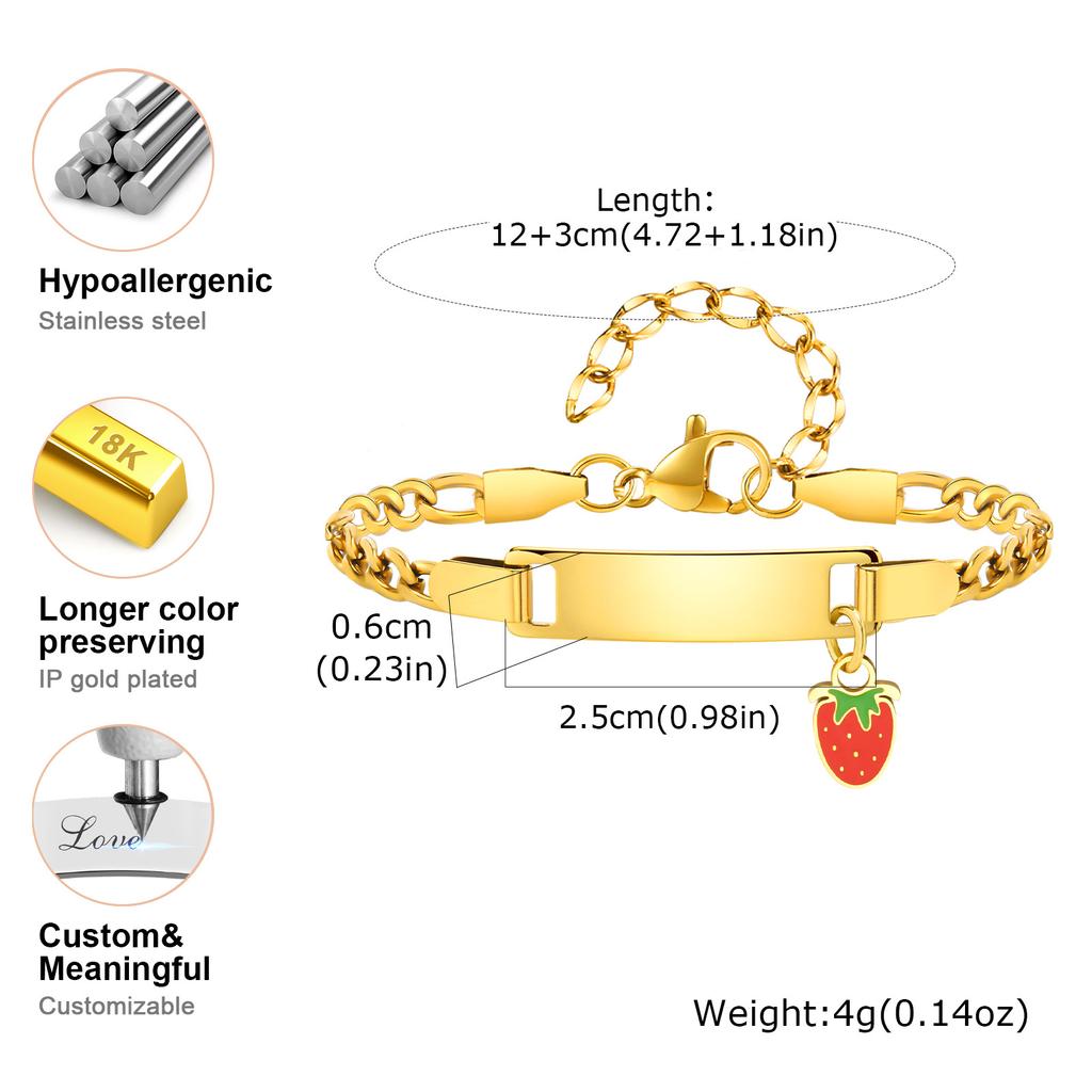 Vnox Customized Baby Bracelets With Fruit Pendant, Stainless Steel Cuban Mesh Chain Free Engraving Bar, Jewelry Birthday Gift