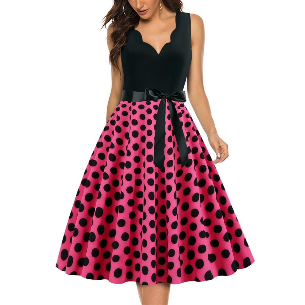 Women's Fashion Retro V-neck Polka Dot Print Swing Dress
