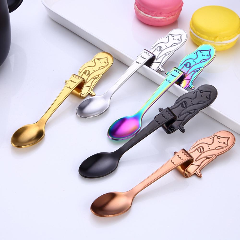 Cute Mermaid Spoon 304 Stainless Steel Teaspoon Long Handle Coffee Spoons Sugar Dessert Appetizer Seasoning Bistro Flatware Hanging Cup Scooper Drink