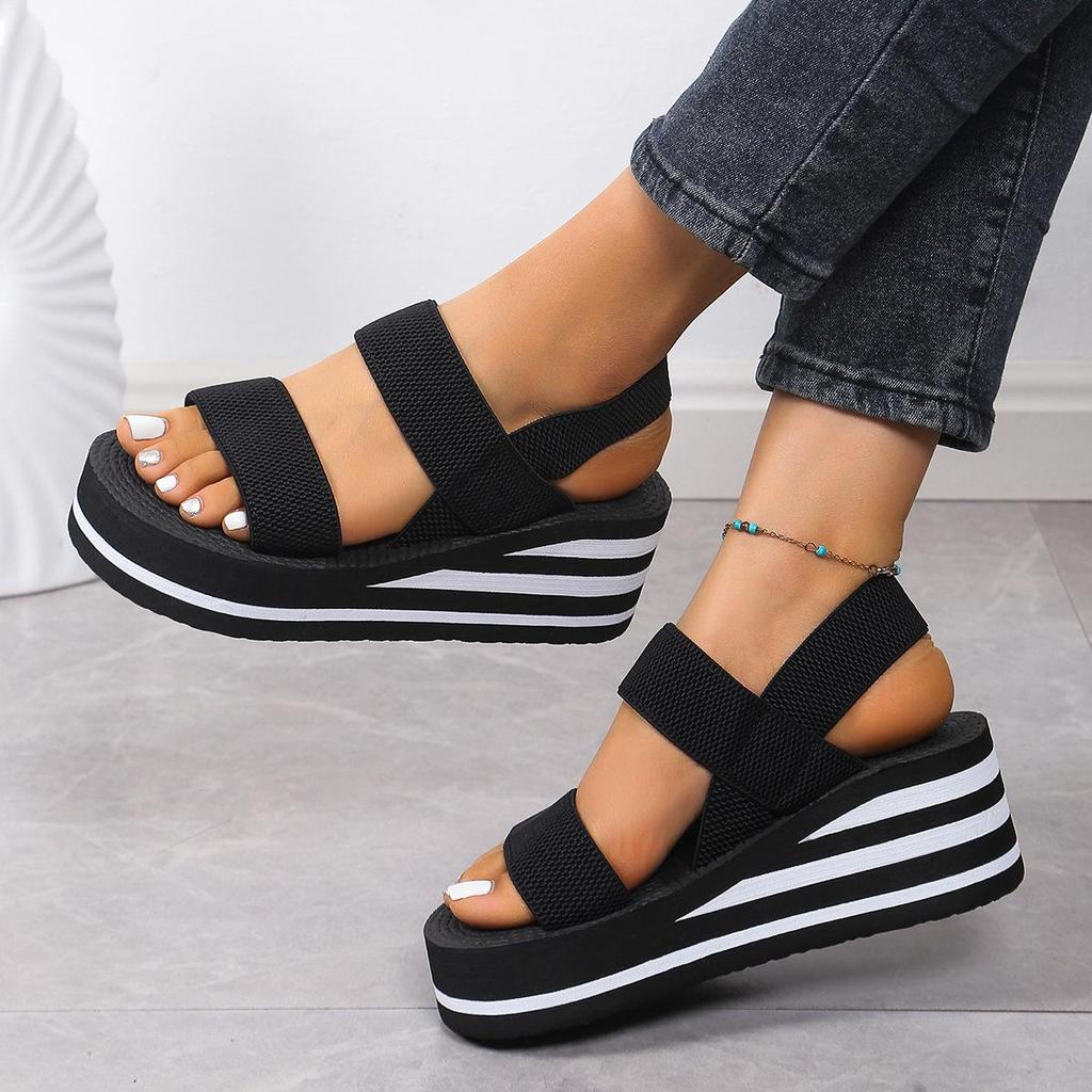 Women's Black & White Roman-Style Sandals with Thick Sole, Faux Hemp Rope Design, Perfect for Summer Style