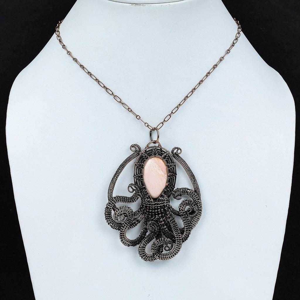 Подвеска из розового опала, обернутая медной проволокой, подвеска в виде осьминога, украшения ручной работы, подвеска из натурального драгоценного камня, медные украшения, подарок на годовщину