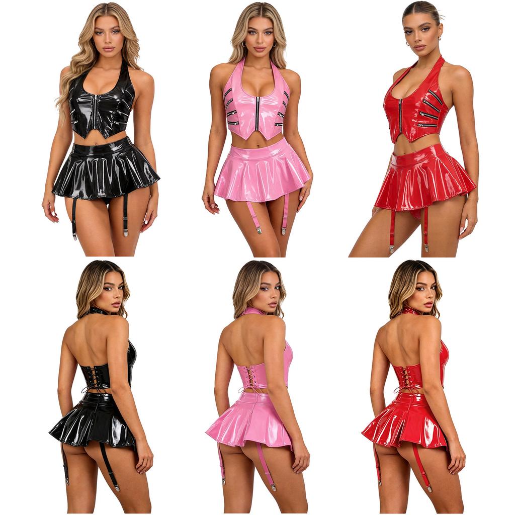 Ladies Shiny PU Leather Two Piece Set Halter Neck Back Lace Up Crop Top and Mini Skirt with Attached Panty and Garter Clips for Night Out