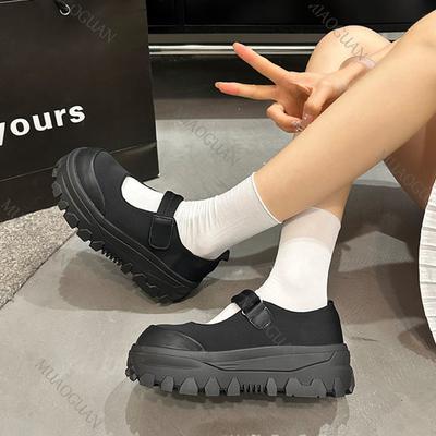 Мода Мода Ретро Черные Туфли Мэри Джейн на Толстой Подошве Весна Осень Кроссовки на Массивном Высоком Каблуке для Женщин Туфли-лодочки