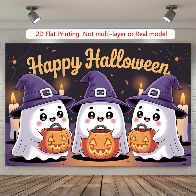 Party Backdrop Halloween Purple Flat Cute Ghosts Holding Pumpkins Witch Hats Event Backdrop Decoration Party Decor