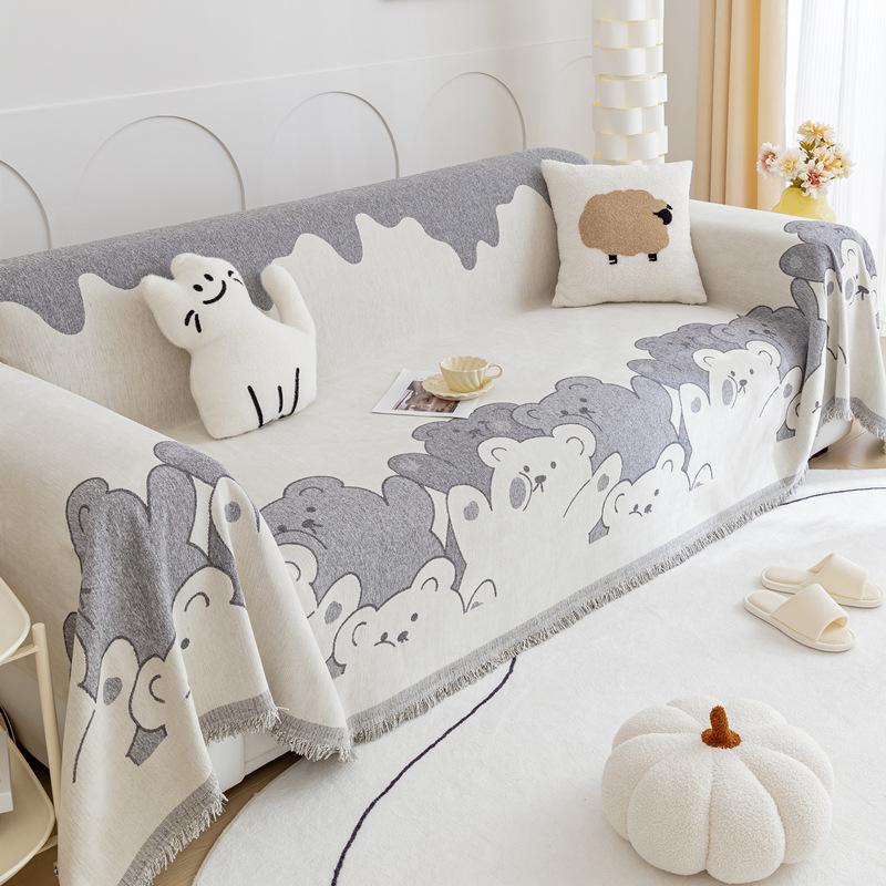 Полотенце для дивана с мультяшным медведем и кисточкой, нескользящий чехол для гостиной, универсальная удобная пылезащитная подушка, можно стирать в машине
