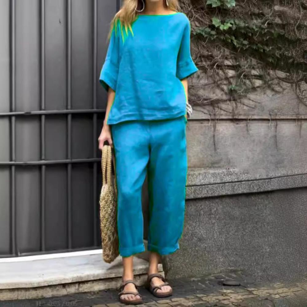 Женский комплект из хлопка и льна, весенне-летний однотонный повседневный топ с круглым вырезом и брюками со средними рукавами, комплект из 2 предметов