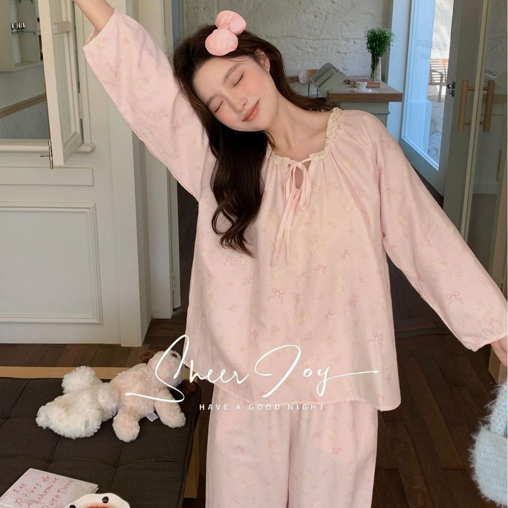 Cotton Crew Neck Comfortable Lace Up Lace Set Women's Loungewear Long Sleeves Pants Pompom Comet