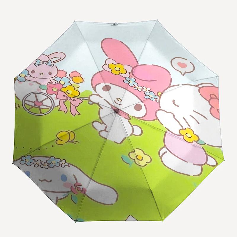 1pc My Melody & Friends Floral Print Automatic Opening/Closing Umbrella with Portable Tri-Fold Design, 8-Bone Iron Frame Outdoor Umbrella, Perfect Gif