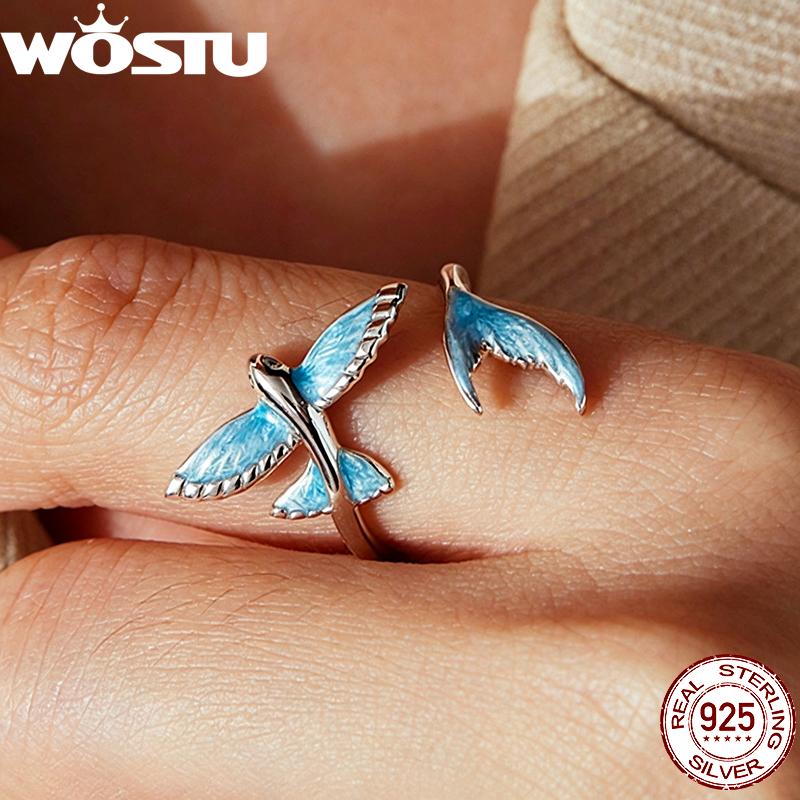 WOSTU 925 Sterling Silver Flying Fish Adjustable Open Ring Ocean Blue Enamel Mermaid Tail Adjustable Rings Vacation Jewelry