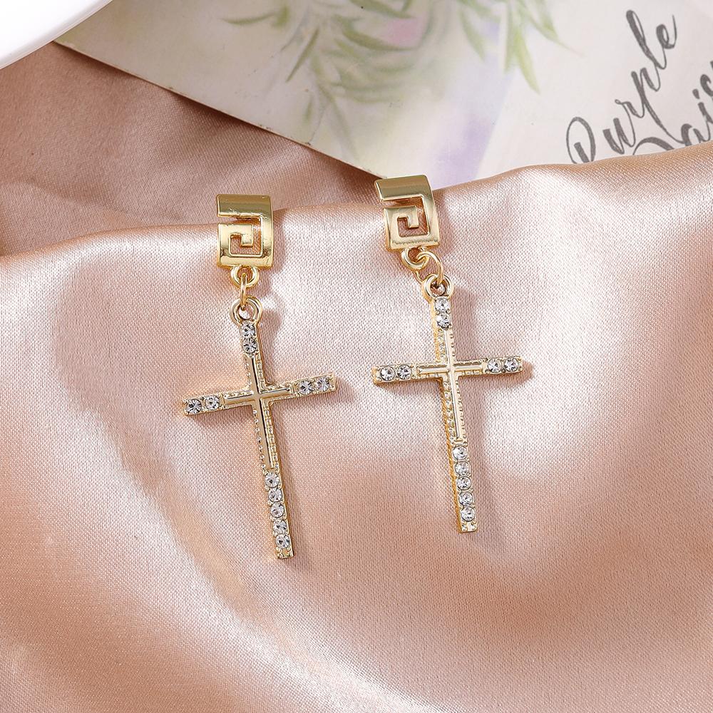 Fashion Rhinestones Cross Drop Earrings for Women Men Earrings Punk Hip Hop Jewelry Gift