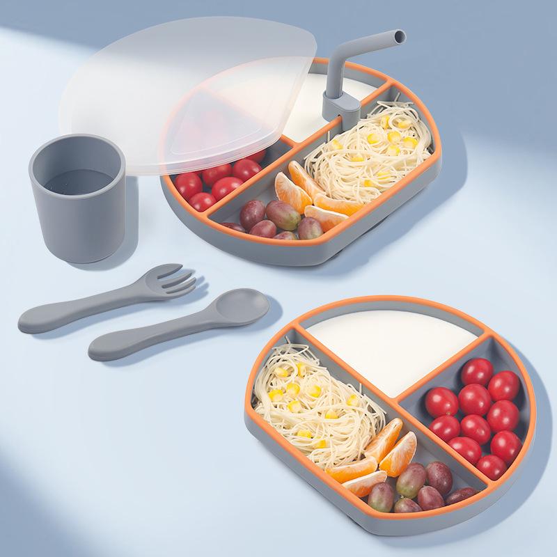 9 шт. детские силиконовые нагрудники, разделенная обеденная тарелка, присоска, ложка, вилка, набор соломенных чашек, тренировочная посуда для кормления, посуда