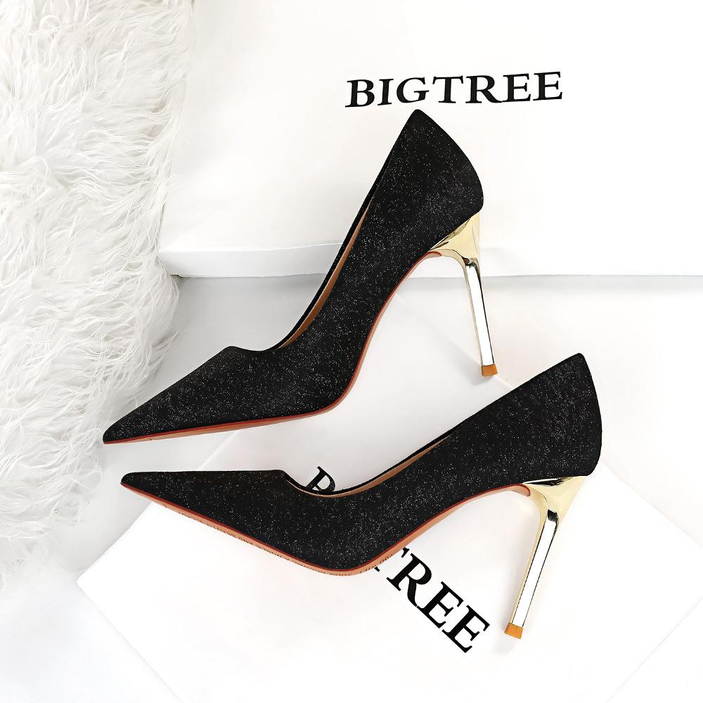 Sexy Thin Metal Heel 9.5cm Thin Heel High-heeled Cloth Surface Shallow Mouth Pointed High-heeled Shoes Women's Single Shoes