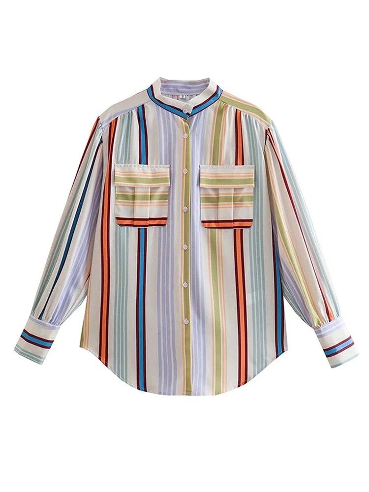 Полосатая рубашка с рукавами-фонариками, женская праздничная мода, однобортный топ, свободные рубашки, женская летняя пляжная футболка с карманами, новинка 2023 г.