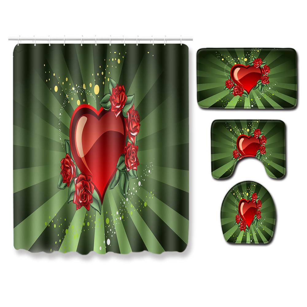 Valentine'S Day Toilet Shower Curtain Four-Piece Printed Floor Mat Set Bathroom Floor Mat Bedroom Absorbent Door Mat Carpet
