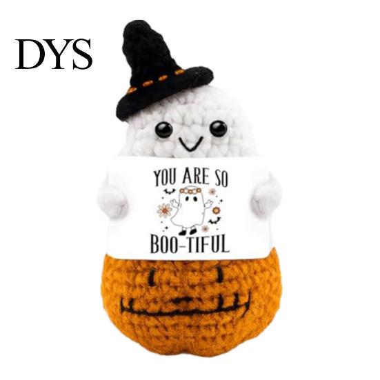Whimsical Witch Hat Pumpkin Doll Hand Knitted Halloween Ghost Ornament, Crochet Plush with Soft Cotton Yarn Healing Companion Encouragement Card, Cute