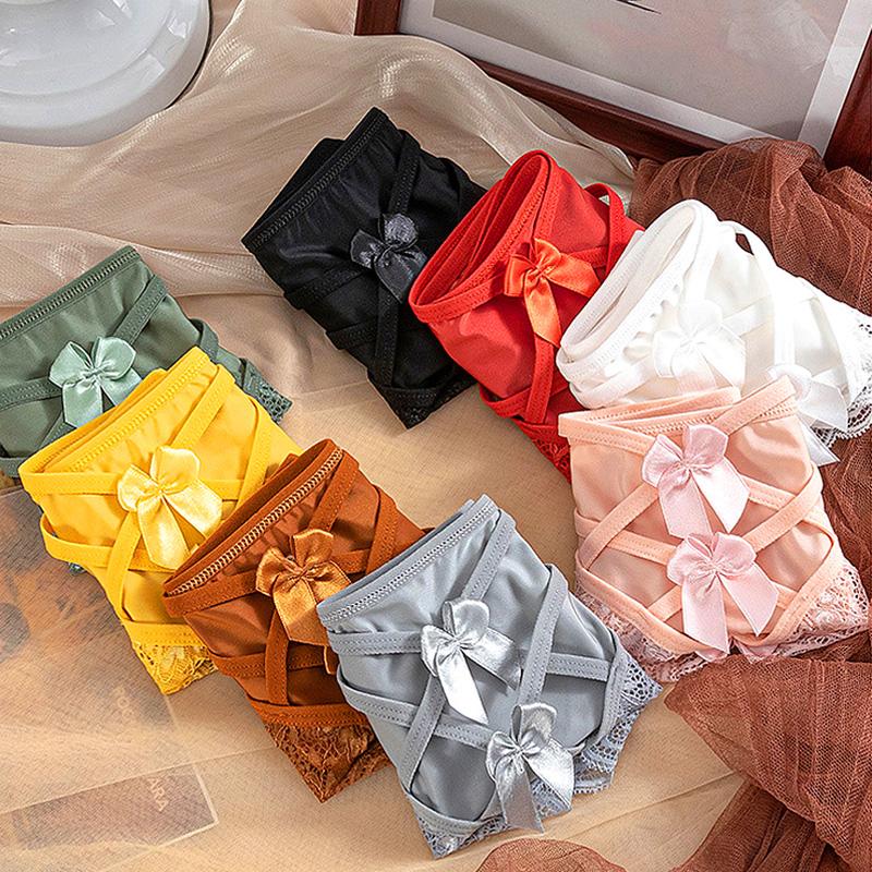 Women Bowknot Mid Waist Satin Panties Solid Color Spaghetti Strap Lace Briefs Hollow Out Seamless