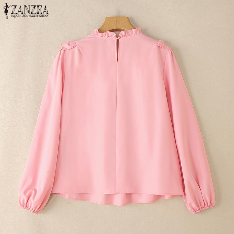 ZANZEA Женская повседневная однотонная свободная блузка с круглым вырезом и длинным рукавом