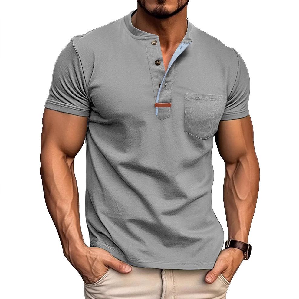 Summer Men's Henry Collar T-Shirts Solid Color Short Sleeve Tees Tops Men