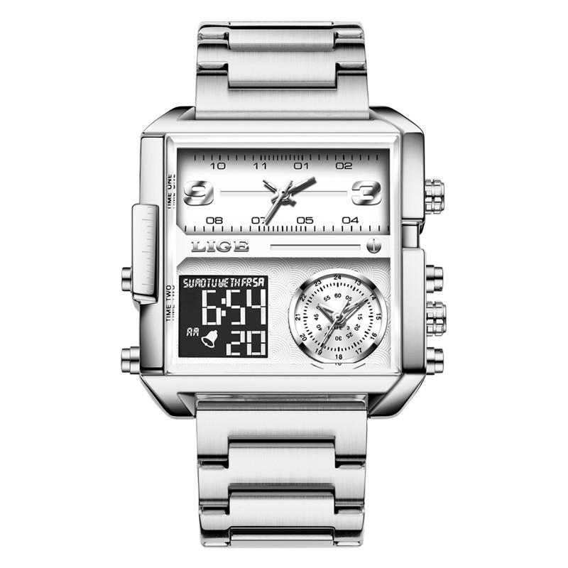 LIGE 8925 Men Quartz Watch Stainless Steel Mesh Leather Strap Dual Style Business Sport Wristwatch Luminous Waterproof Watch