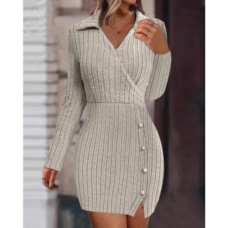 YYFS Women's Fashion Fall Winter Solid Color Print Long Sleeve POLO-Neck Casual Dresses