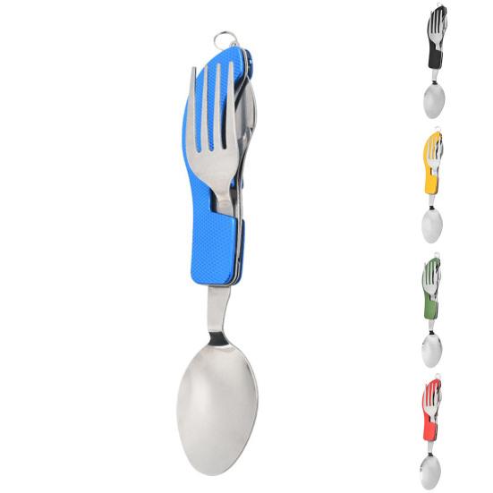 Camping Utensil with Key Ring 4-in-1 Stainless Steel Spoon Knife Fork Bottle Opener Folding Pocket Kit Travel Backpacking Cutlery Multitool