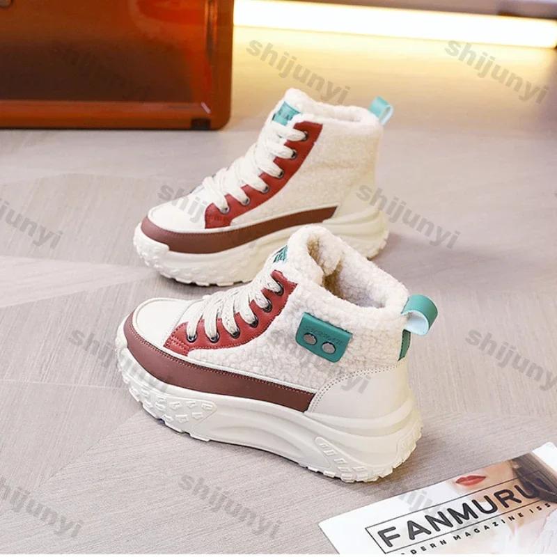 Женские кроссовки на платформе, модные спортивные туфли на шнуровке с толстой подошвой, женские зимние утепленные плюшевые удобные повседневные кроссовки с высоким верхом