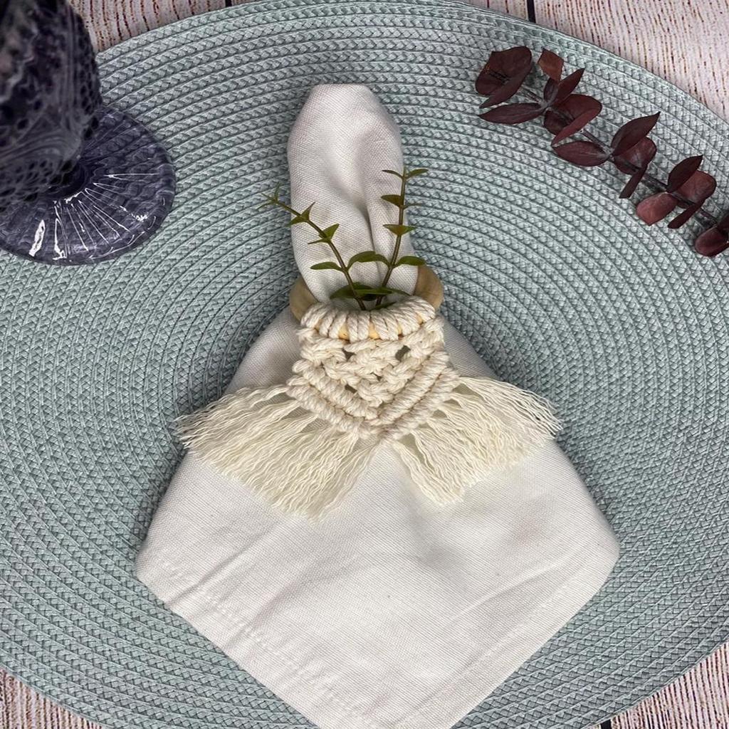 Boho Napkin Rings with Wooden Ring, Handmade Woven Fringe Napkin Holders for Rustic Wedding, Party & Farmhouse Table Decor