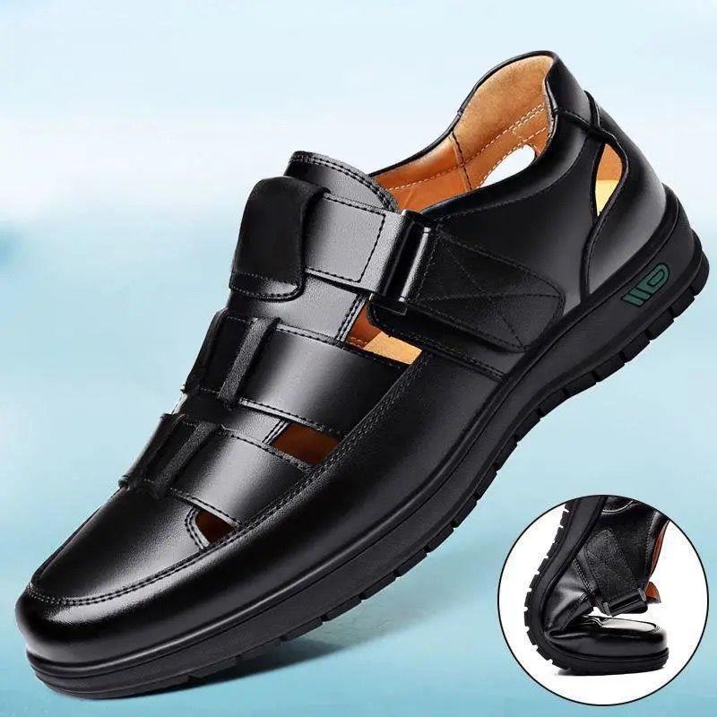 Мужская кожаная обувь Business Casual Формальная обувь Высокий каблук Мягкая подошва Нескользящая Летние сандалии Черная кожаная обувь