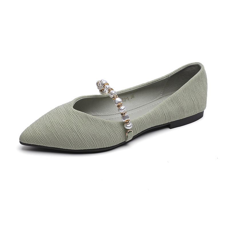 Pointed Single Shoes Female Flat Bottom French Evening Evening Wind Pearl Soybean Shoes Shallow Mouth Large Size Women's Shoes