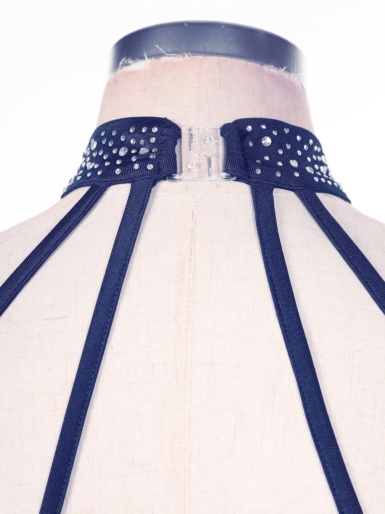 Womens Glittery Rhinestone Backless Dress Sheer Mesh Patchwork Design Mock Neck Lyrical Dance Leotard