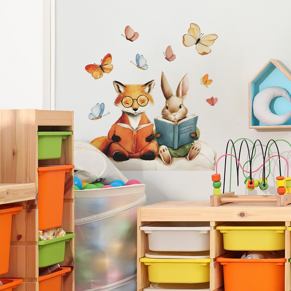 Cartoon Rabbit and Fox Reading Books and Fluttering Butterflies Home Background Wall Decoration Stickers
