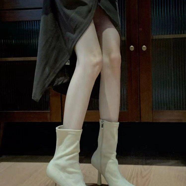 Осень-зима 2025 новые носки-ботинки острый носок тонкий каблук бежевые интернет-знаменитость тонкие ботильоны высокий каблук тонкие эластичные короткие ботинки женские