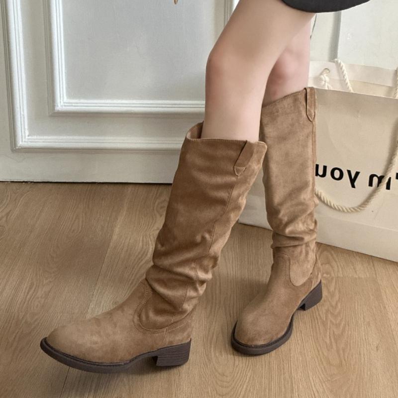 Осень Зима Женские Ковбойские Сапоги на Низком Каблуке Модные Мягкие Плиссированные Туфли Женские Винтажные Слипоны Длинные Ботильоны