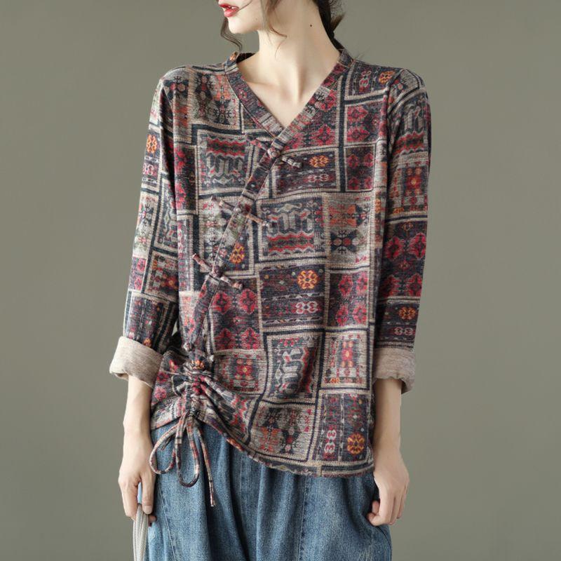 Стильная блузка со сборками на кулиске Весна Осень 2024 с фольклорным принтом, китайской застежкой-пуговицей, женская одежда, свободная повседневная рубашка с V-образным вырезом