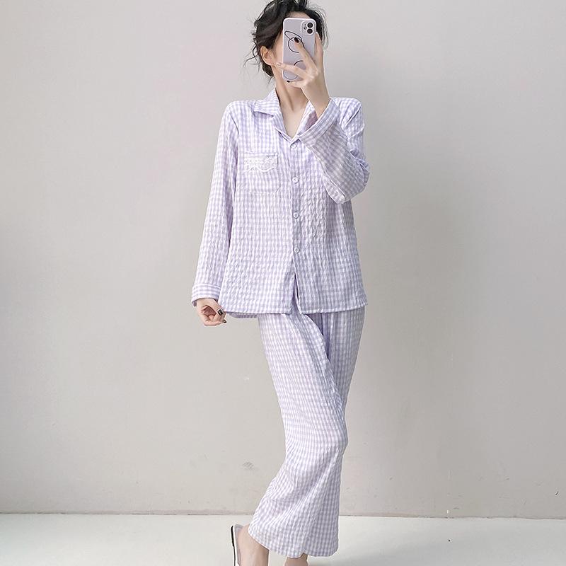 С подушкой Пижама женская Весна и Осень Модели Облачный хлопок Длинные рукава Носимая клетчатая домашняя одежда Комплект из двух предметов