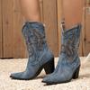 Women's Vintage Fashion Embroidered Pointed-toe Chunky-heel Boots Plus Size Spring Autumn Mid-calf Cowboy Boots